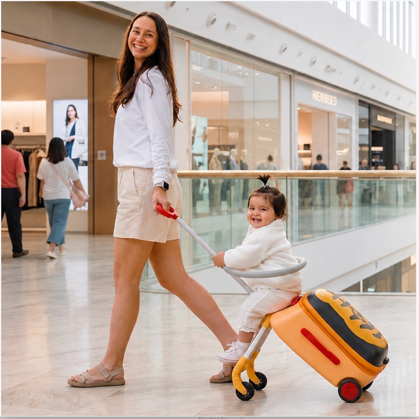 A toddler riding a RUMO Ride-On pulled by her mother in a shopping mall