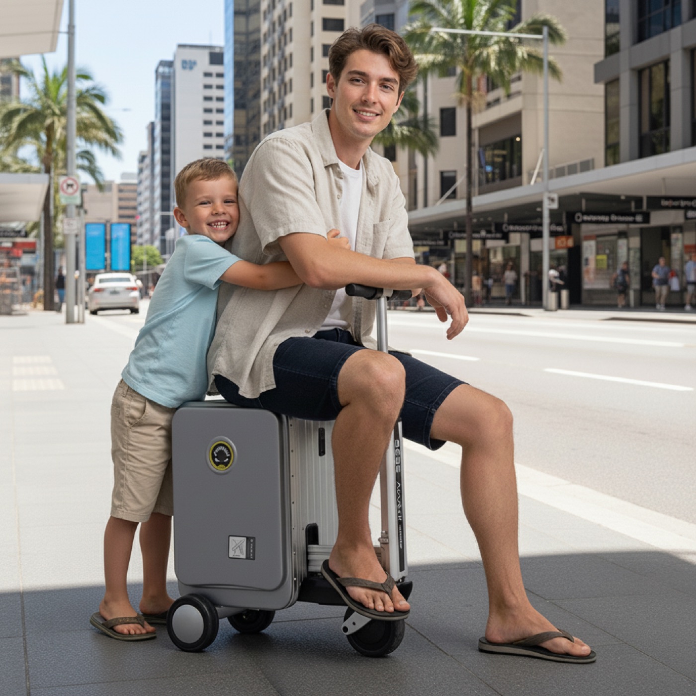 A father and son sitting on an Airwheel SE3S smart suitcase