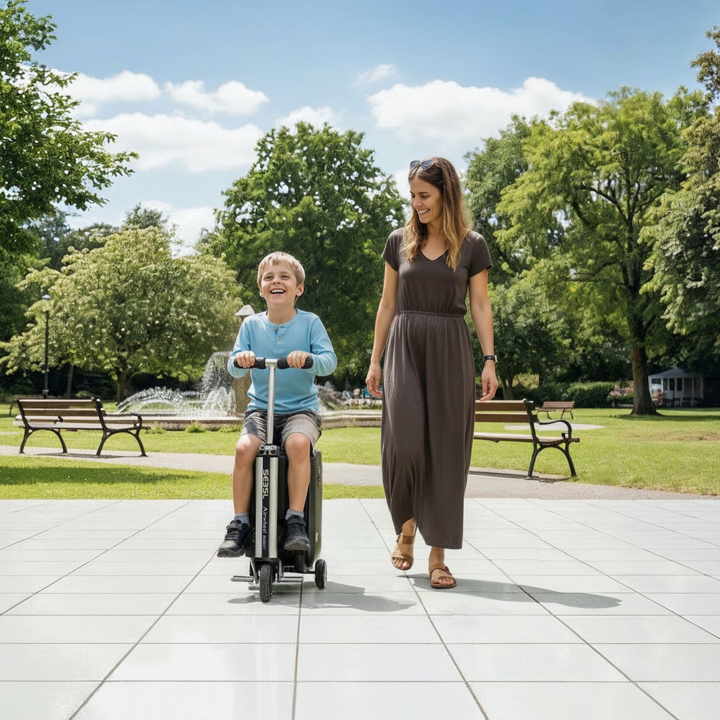 A boy riding an Airwheel SE3SL in a park